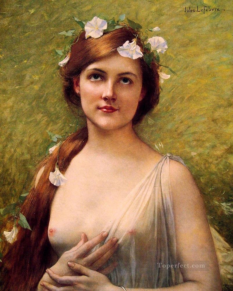Young woman with morning glories in her hair female body nude Jules Joseph Lefebvre Oil Paintings